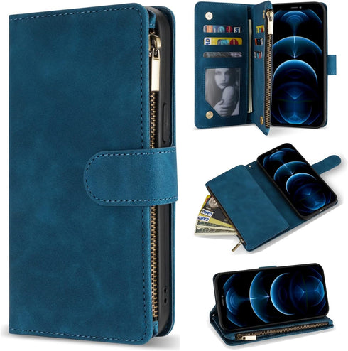 ZZXX iPhone 12 Case Wallet with Card Slot - Premium Soft PU Leather Zipper Flip Folio, Blue 6.1 inch