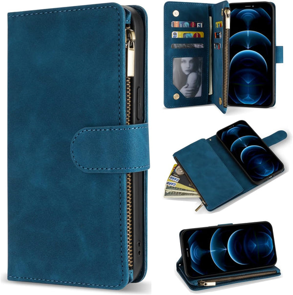 ZZXX iPhone 12 Case Wallet with Card Slot - Premium Soft PU Leather Zipper Flip Folio, Blue 6.1 inch