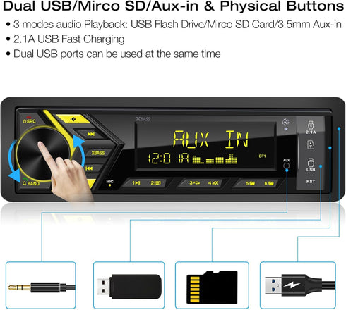 DOVOX MP3 2.1A Bluetooth Car Stereo Marine Radio: Single Din LCD Display Audio System - Indash Multimedia Player