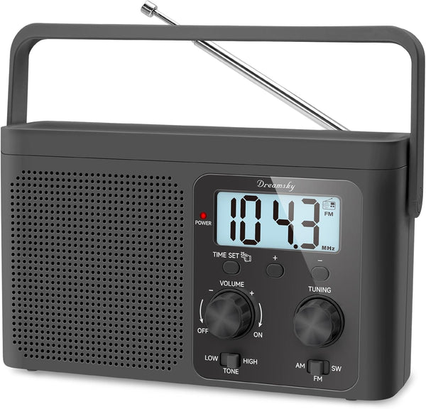 DreamSky AM FM Portable Radio - Battery Powered or Plug in for Home Outdoor, Strong Reception