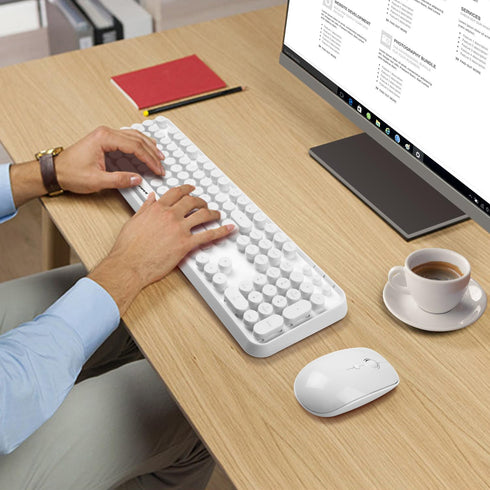 FOPETT Wireless Keyboard and Mouse Combo, 2.4G Full-Sized White Keyboard with Round Keycaps for Laptop/PC