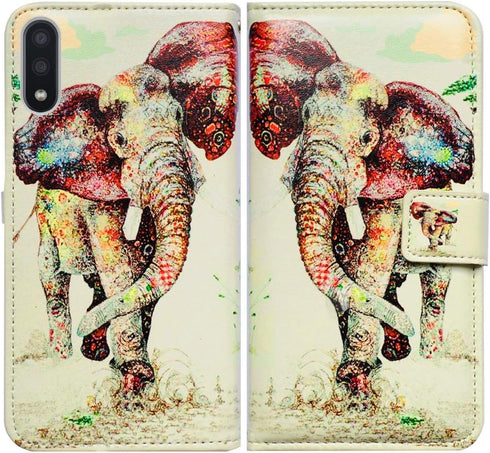 Elephant Pattern Leather Flip Case Wallet Cover for Samsung Galaxy A01 with Card Slot Holder Kickstand