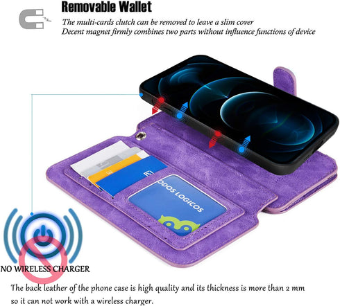 MODOS LOGICOS Detachable Wallet Folio Compatible with iPhone 12 Pro Max, Purple PU Leather Purse with Zipper Cash