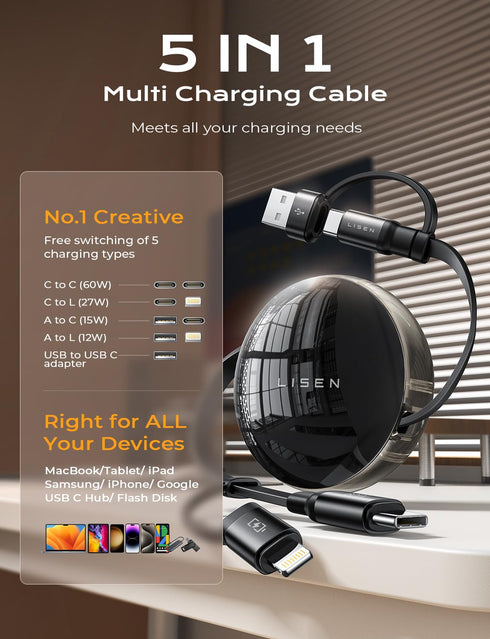 LISEN Retractable Charger, 60W PD3.0 Fast Retractable Phone Wall Plug, 5-in-1 Retractable Lightning Cable for MacBook Pro Air, Samsung Galaxy S24 S23 S20, iPhone 15 14 13 Pro Max