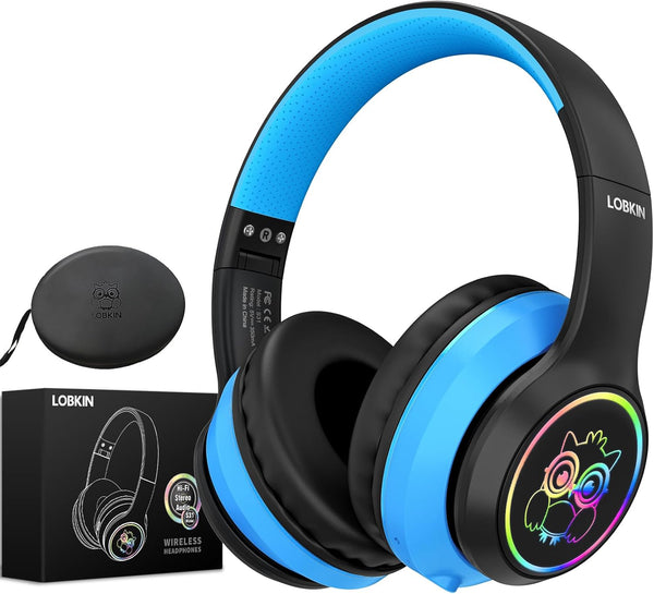 LOBKIN Kids Bluetooth Headphones, Over Ear Wireless Headphones with Mic, 50H Playtime, Colorful LED Lights, Safe Volume
