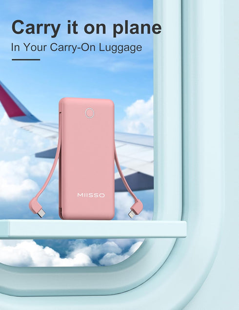 miisso 10000mAh Slim Portable Charger with Built-in Cable, Travel Power Bank for Phone, 4 Output USB Type C