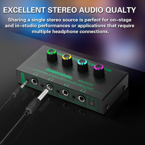 4 Channels Headphone Amplifier with 1/4" and 1/8" TRS Jack Input for DJ Mixer, Headphone Splitter