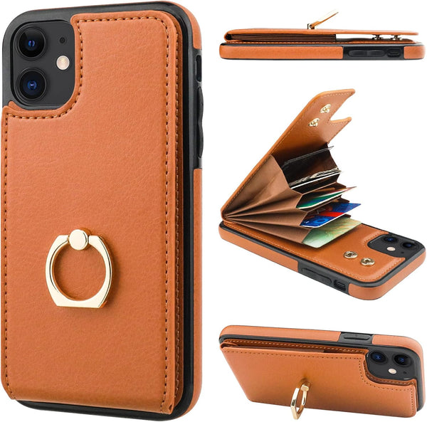 Folosu iPhone 11 Case Wallet with Card Holder, 360°Rotation Finger Ring Holder, Shockproof PU Leather Cover, Brown