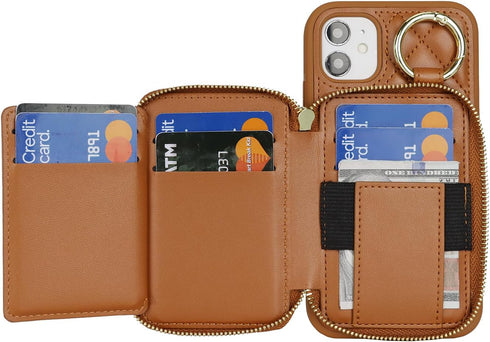 Hamany 12 12 5G 6.1 Inch-Brown for iPhone Case Wallet with Card Holder,for iPhone pro Phone case Wallet with Zipper