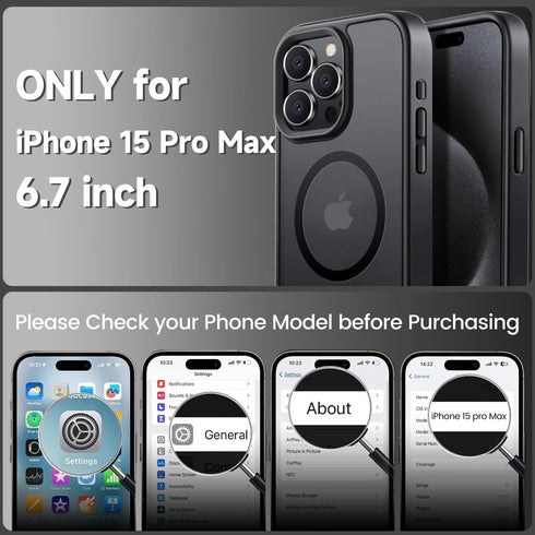Tigowos iPhone 15 Pro Max Case - Shockproof, Matte Skin, 10FT Drop Resistant, MagSafe Compatible, Titanium Black.