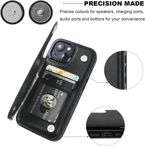 iPhone 15 Wallet Case with Card Holder, PU Leather Kickstand Cover, Double Magnetic Clasp, Shockproof 6.1 Inch