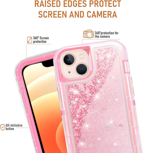 Asuwish iPhone 13 Mini Case - 5.4" Bling Liquid Glitter, Clear Hybrid, Military Grade Protection, Pink, with Screen