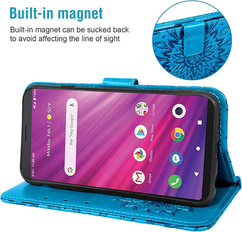 Asuwish Wallet Phone Case for Alcatel Lumos (DALN5023) / Axel (5004R) - Blue Sunflower Leather, Slim Flip, Card Holder,