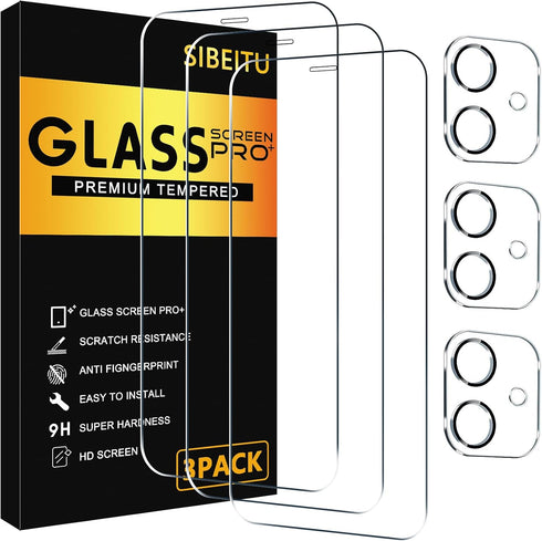 SIBEITU 3 Pack Screen Protector for iPhone 12 with 3 Pack Camera Lens Tempered Glass Protector, 6.1 Inch HD Clear
