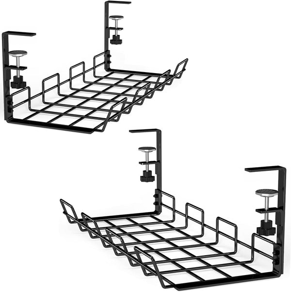 No Drill Cable Management Tray Under Desk, 2 Pack 15.7" Clamp to Desk, Sturdy Metal Rack for Home Office