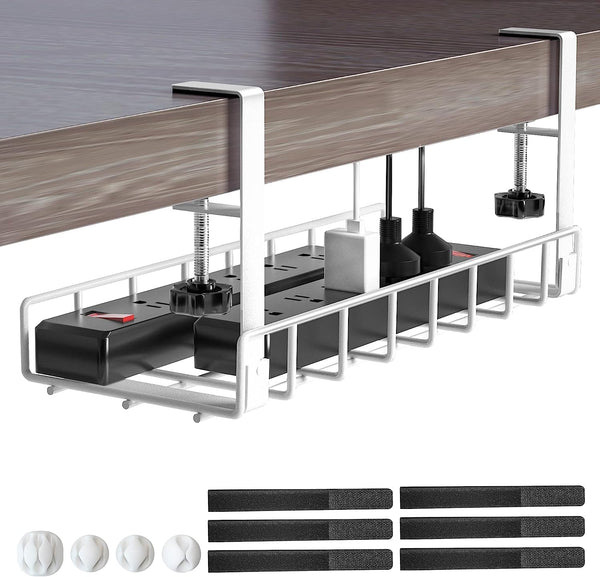 Under Desk Cable Management Tray, Xpatee Upgraded Wire Management with Clamp for Computer Cable Rack, No Damage White