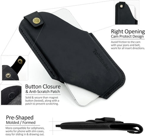 TobbinGear Left Handed Leather Cell Phone Holster with Belt Clip, Universal Leather Phone Case on Belt