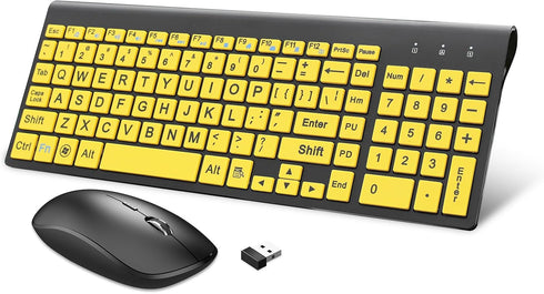 HXMJ-Wireless Large Print Keyboard and Mouse Set with USB Receiver - Quiet Scissor Switch for Seniors & Visually