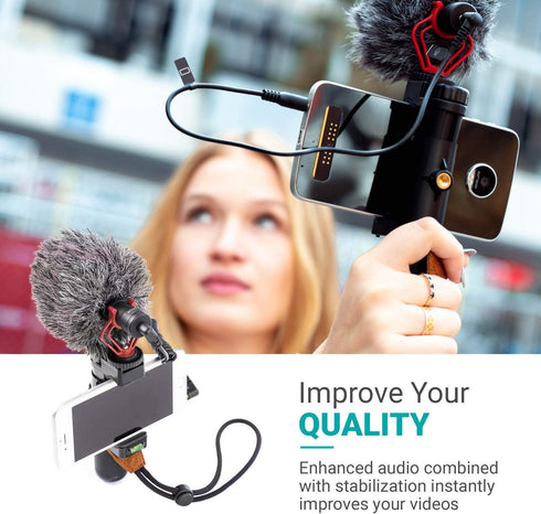 Movo Smartphone Vlogging Kit - Shotgun Microphone, Grip Handle, Wrist Strap for iPhone and Android for TIK Tok