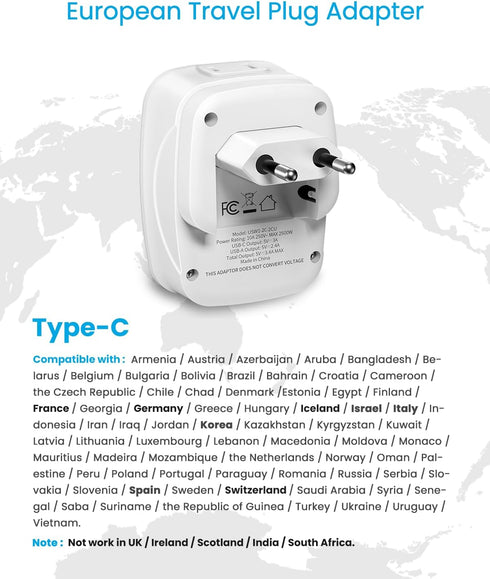 VINTAR European Travel Plug Adapter, Foldable International Power Plug with 2 AC Outlets 3 USB Ports for US to Europe