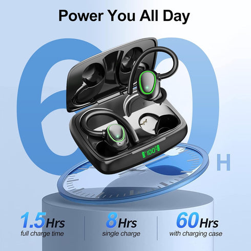 Bluetooth Wireless Headphones with 60hrs Playback, IPX6 Waterproof, Stereo Bass, Earhooks, LED Display