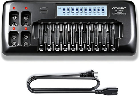 CITYORK 10+4 Bay AA AAA Battery Charger with LCD Display, 10 Bay for