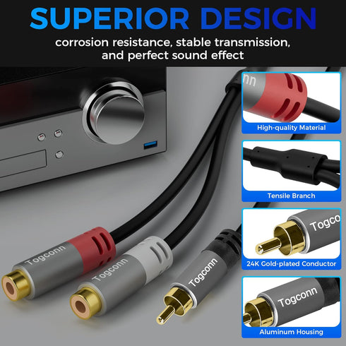 RCA Splitter Y-RCA Cable - 1 RCA Male to 2 RCA Female Audio Speaker Y Adapter, 0.6 Feet (2 Pack)