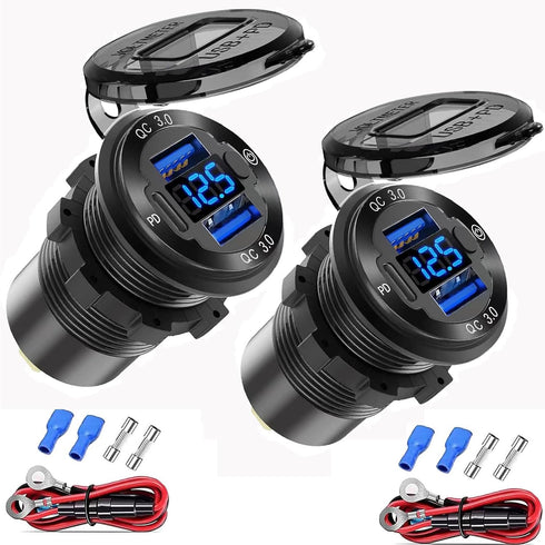 2 Pack 12V USB Outlet Wire Aluminum Car Charger Multi Port, Dual USB Quick Charge 3.0 & PD USB C Socket with Voltmeter