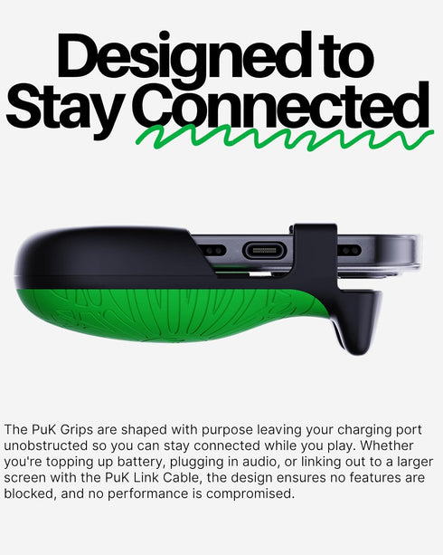 PUK Phone Gaming Grip - Black & Green Ergonomic Mobile Game Handle with Adhesive Pads - Mobile Game Controller Grip