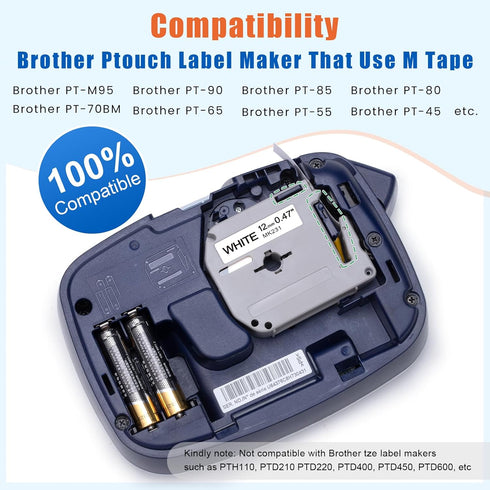 PTM95 Label Tape Replacement for Brother M Tape 12mm 0.47 P Touch M-K231 M-K131 MK431 MK531 MK631 MK731 Compatible with