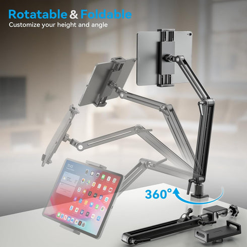 Jakeko 360 Adjustable Tablet Mount for Desk - Degree Rotating Base Tall Arm Holder Stand Swivel Flexible Clamp Soporte