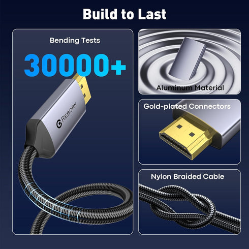 6FT 4K@60Hz/ 2K@120Hz, 1.2 1.4 Reborn DisplayPort to HDMI Cable - Unidirectional Display Port Source to HDMI Screen, DP