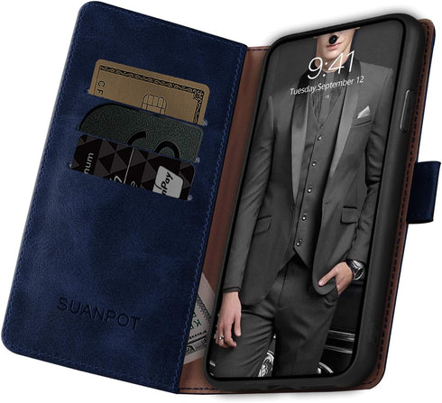 SUANPOT Leather Wallet Case for Samsung Galaxy A52 4G & 5G, RFID Credit Card Holder, Blue