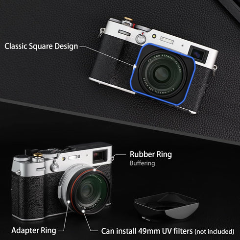 Haoge Metal Square Lens Hood for Fujifilm X100VI X100V X100F with 49mm UV Filter Adapter Ring & Metal Cap Kit, Black