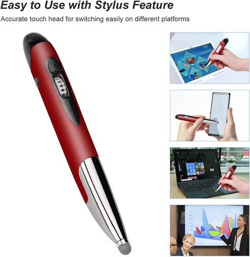lychee Rechargeable Pocket Pen Mouse, Left/Right-Handed Wireless Optical Ergonomic Mouse with Stylus Function (Red)