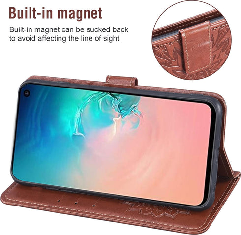 Samsung Galaxy S10e Wallet Phone Case with Tempered Glass Screen Protector, Magnetic Flip Cover, Card Holder (Brown)