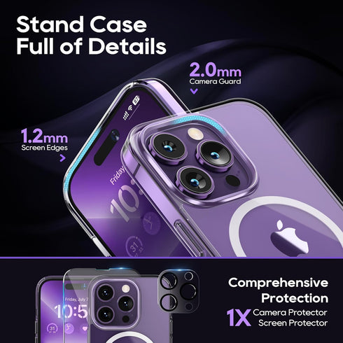 Magnetic iPhone 14 Pro Case with Screen Protector, Slim Kickstand + Camera Protector, Compatible with MagSafe, Clear