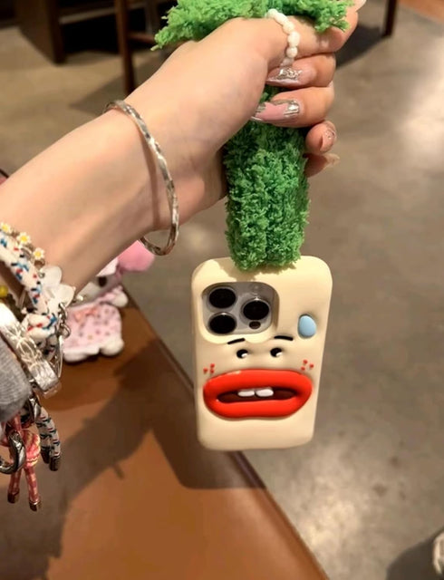 Funny Phone Case for iPhone 15, Cute 3D Sweating Emoticon Green Braids Hair Ugly Phone Case Protective Soft Silicone iPhone Case for Women Girls