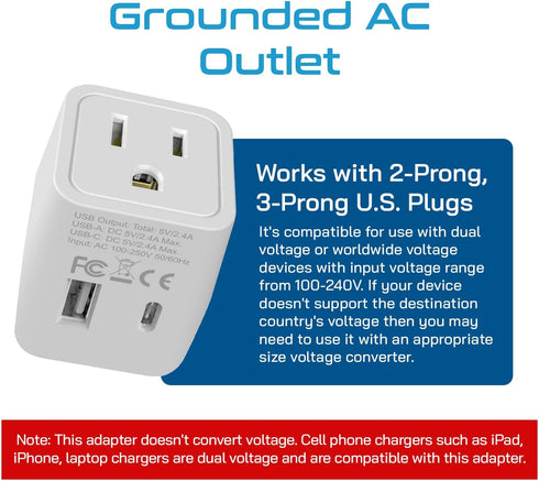 Ceptics (CTU-6) Japan, Philippines Travel Adapter Plug with USB-A + USB-C - Usa Input - Type A - Ultra Compact
