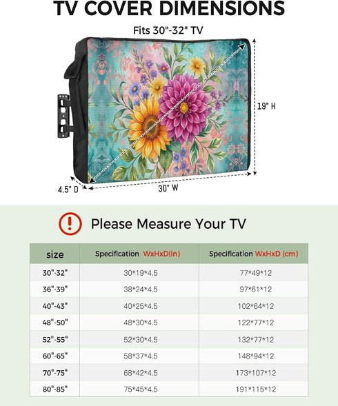 T&H XHome 40"-43" 40" Wx25 Boho Floral Outdoor TV Cover Vibrant Sunflower Dahlia Bouquet Art Waterproof
