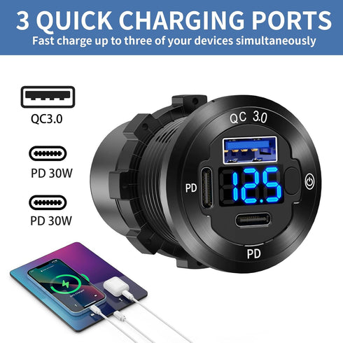2 PACK 12V USB Car Socket Round USB C 12V Outlet, 3-Port Marine USB Fast Charger Waterproof with Switch & Voltmeter