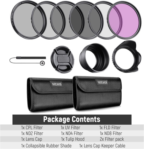 Neewer 82mm ND Lens Filter Kit: UV, CPL (Circular Polarising), FLD, ND2, ND4, ND8, Lens Hood and Lens Cap for Canon