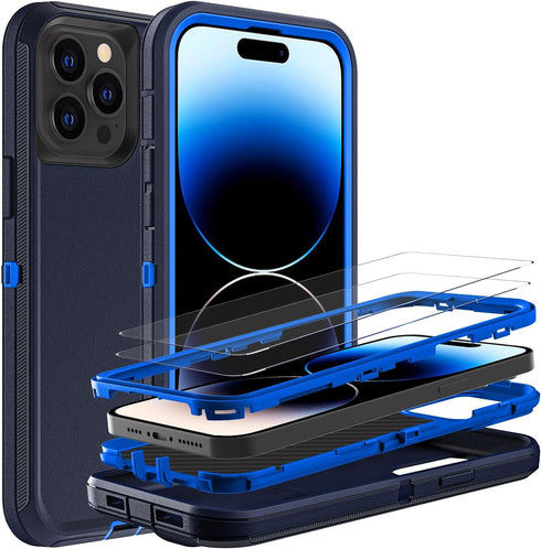 Military Grade 3 in 1 iPhone 14 Pro Case, Heavy Duty Shockproof/Dust Proof with 2Pcs Tempered Glass Protector (Navy
