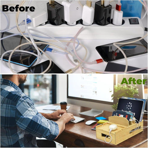 ZOOFOX Bamboo Charging Station for Multiple Devices, Desk Docking Station with Removable Divider Slots and Drawer