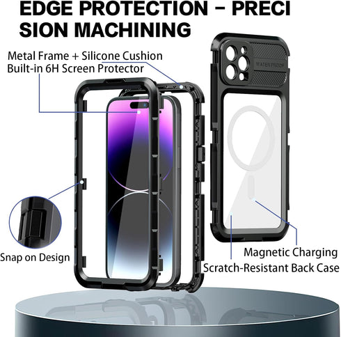 Metal Heavy Duty Waterproof Case for iPhone 13 Pro Max, Compatible with MagSafe, Military Grade Shockproof, Black
