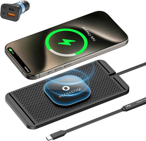 Magnetic Wireless Car Charger Pad - REESTECQI 15W for Magsafe Charger, Non Slip Type C with 40W Car Charger for iPhone