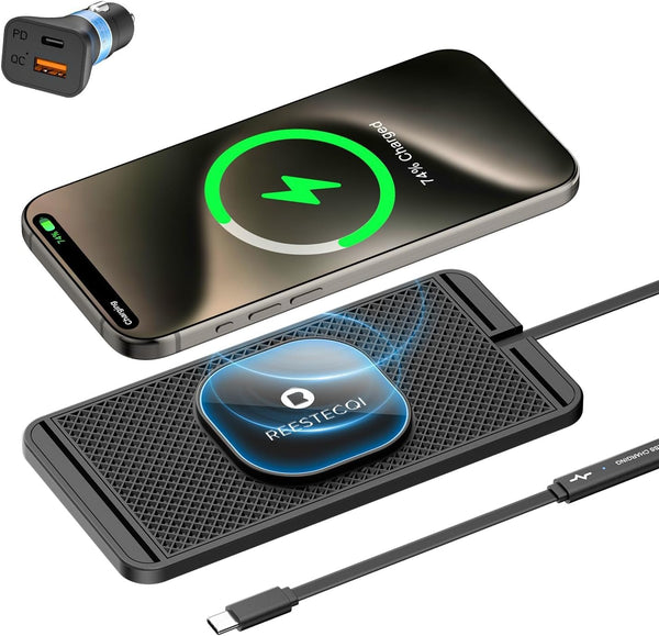 Magnetic Wireless Car Charger Pad - REESTECQI 15W for Magsafe Charger, Non Slip Type C with 40W Car Charger for iPhone