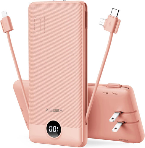 VEGER Portable Charger for iPhone, Built-in Cables and Wall Plug, 10000mAh Slim Fast Charging USB C Power Bank