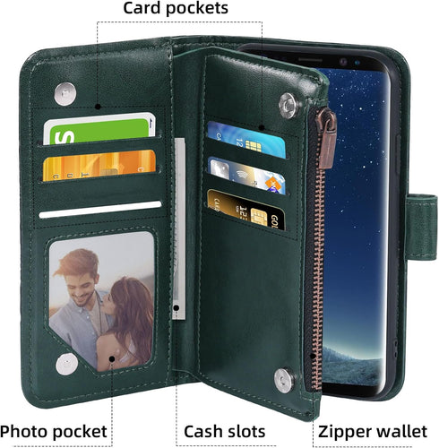 Asuwish Wallet Case for Samsung Galaxy S8 - Dark Green Leather Flip with Tempered Glass & Card Holder Stand.