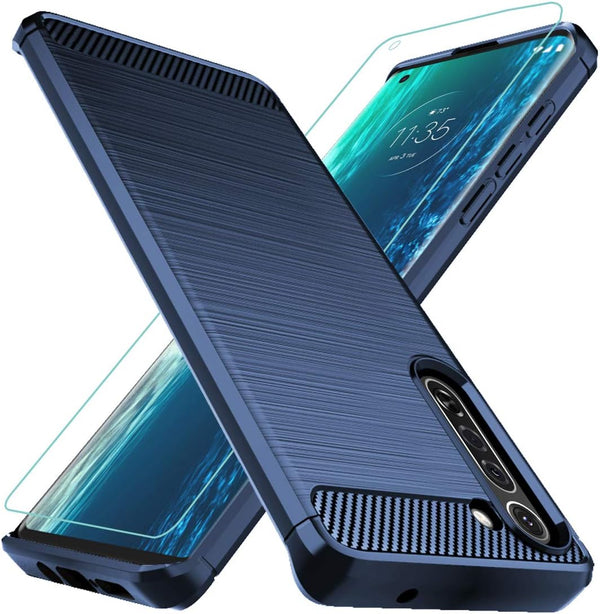 Osophter for Moto Edge 5G Case with Screen Protector, Shock-Absorption Flexible TPU Rubber Cover, Navy Blue